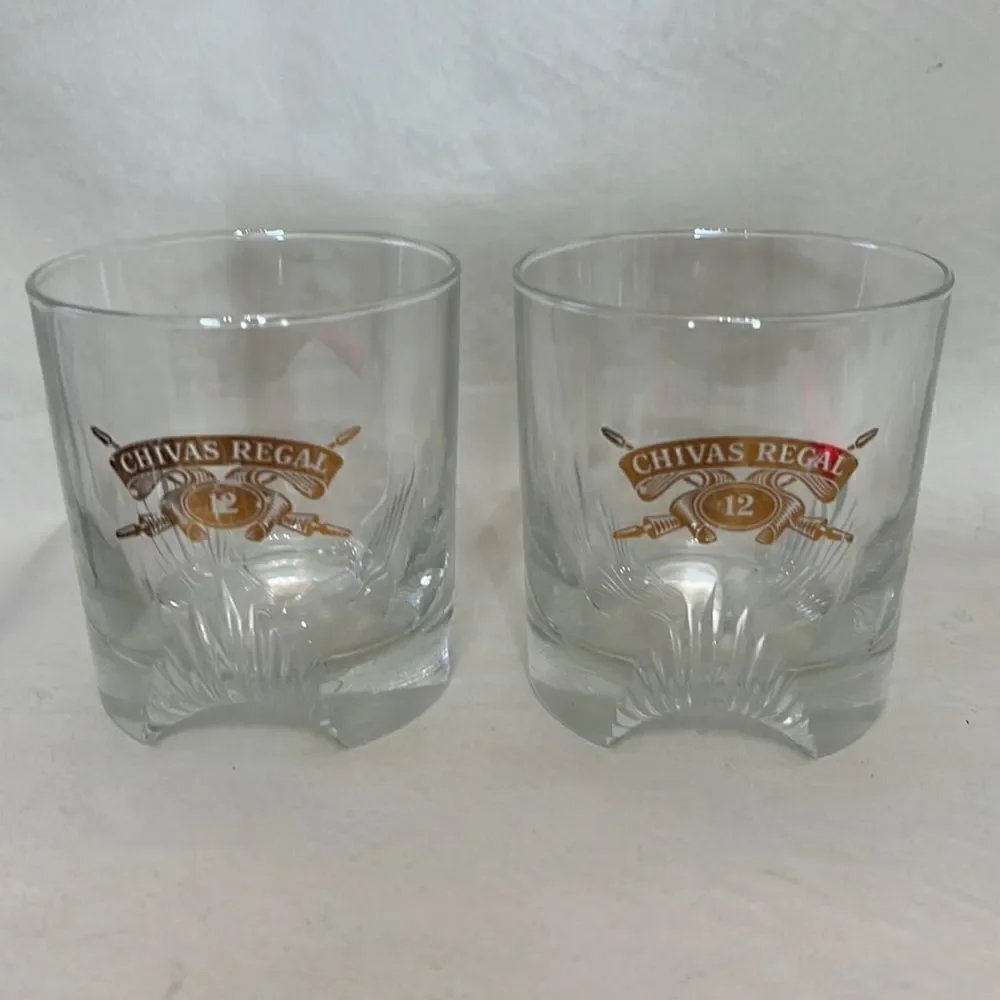 Chivas Regal 12 Rock Glasses 8 Oz 3 In Round 3 1/2 In Tall Set 2 Heavy Bottom